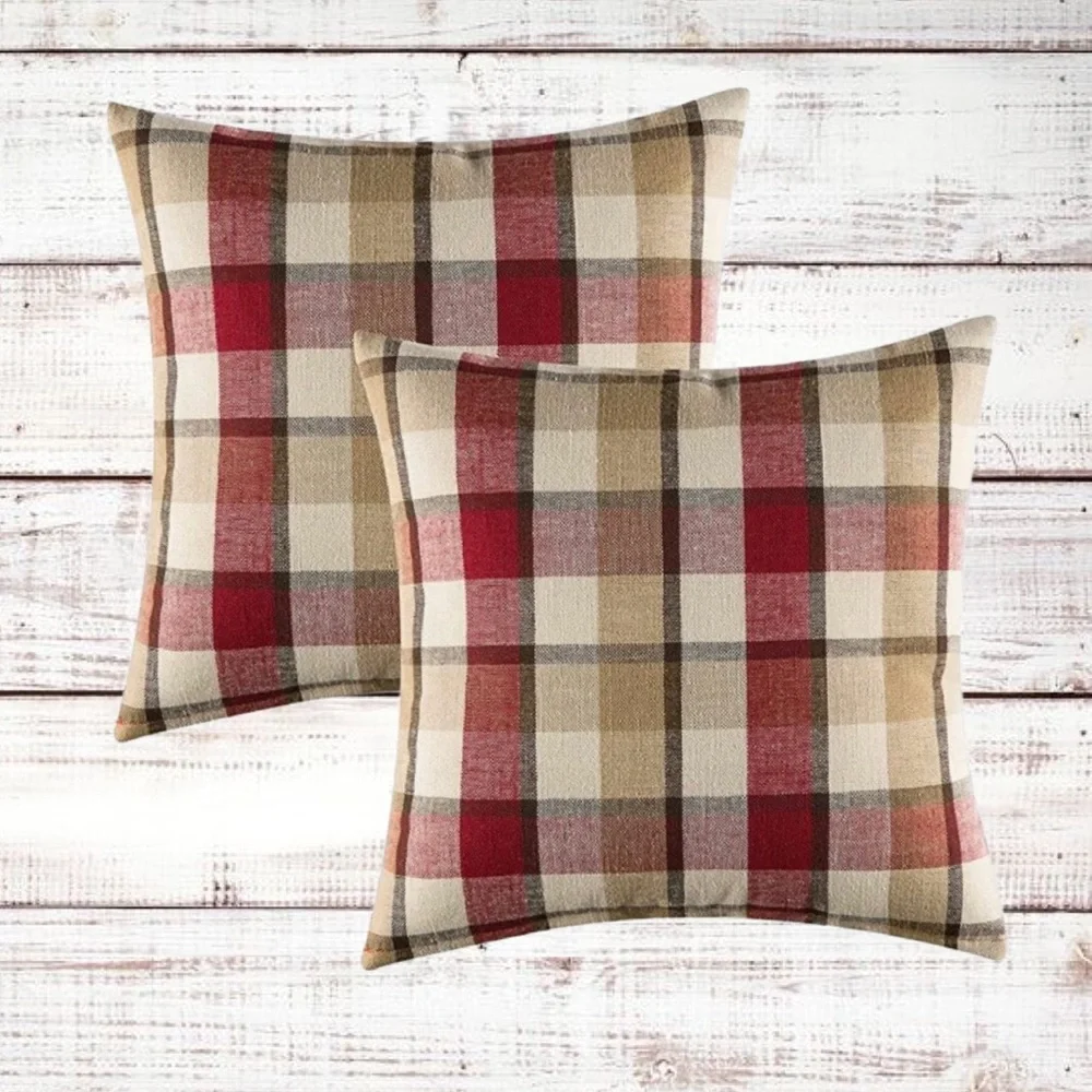 Luxury Home | Rustic Red & Beige Tartan Plaid Farmhouse Throw Pillow Covers